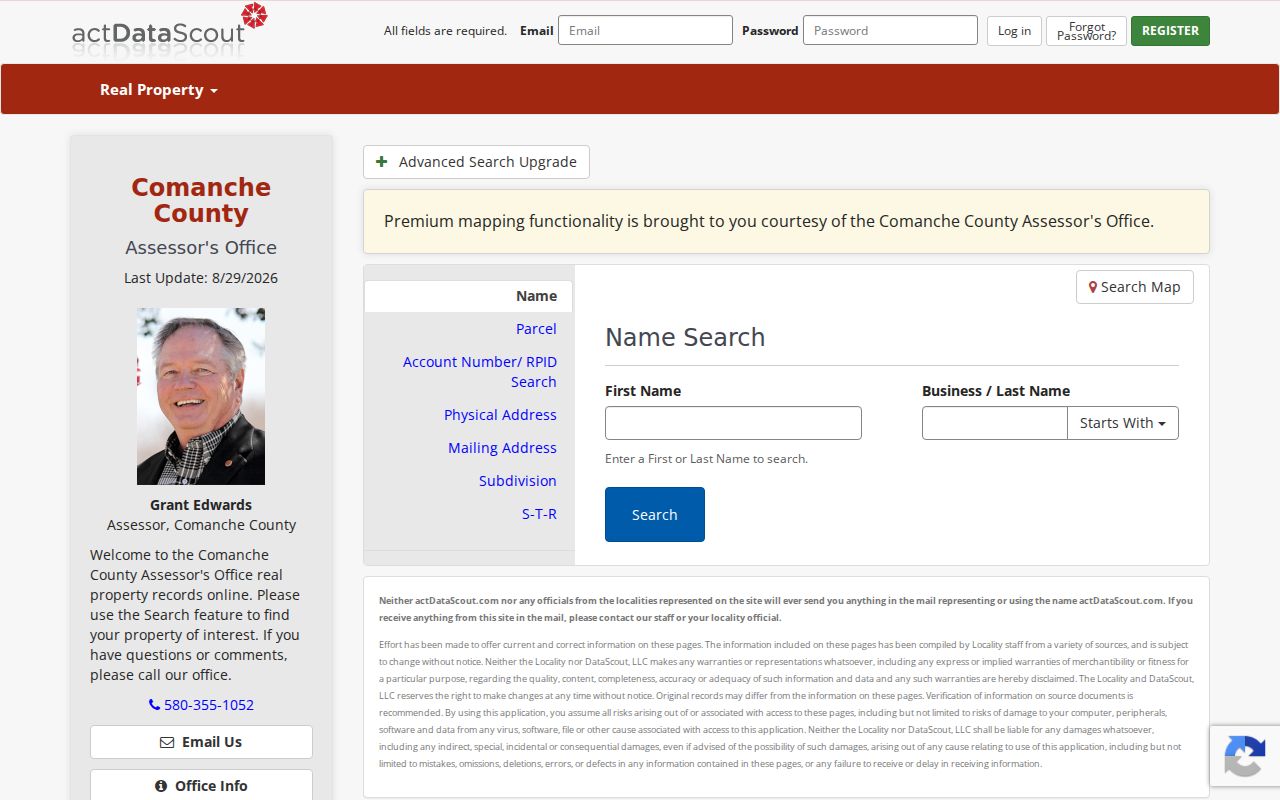 Lawton ZIP code directory research showing the Comanche County assessor search access point